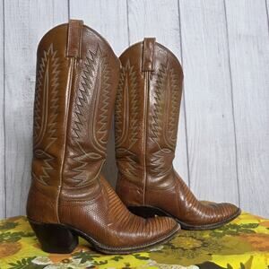 Vintage Dan Post Dixie II Teju Lizard Cowboy Boots Brown Exotic Leather 5C